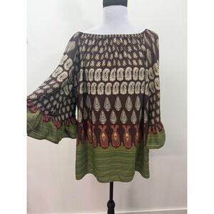 Emma Rose Womens Off Shoulder Paisley Bell Sleeve Boho Peasant Top Brown Green